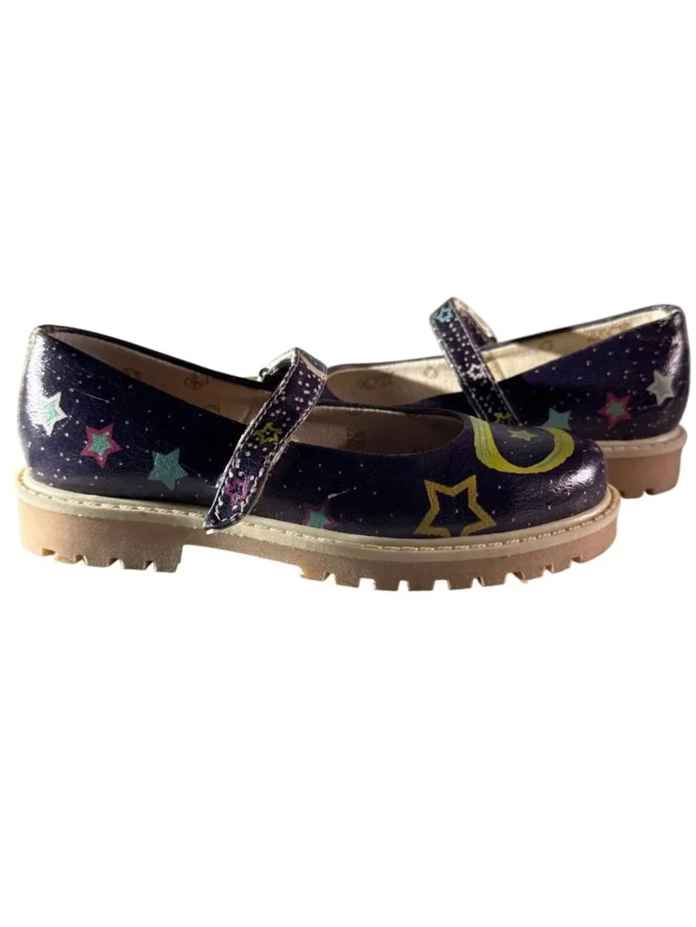 GOBY Girl's Navy Blue Star Design Mary Jane Shoes Adjustable Strap Rubber Soles